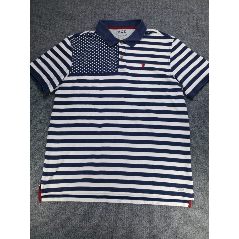 IZOD Advantage Mens Polo Shirt Large Navy White Striped Stars Stretch Golf Prepp
